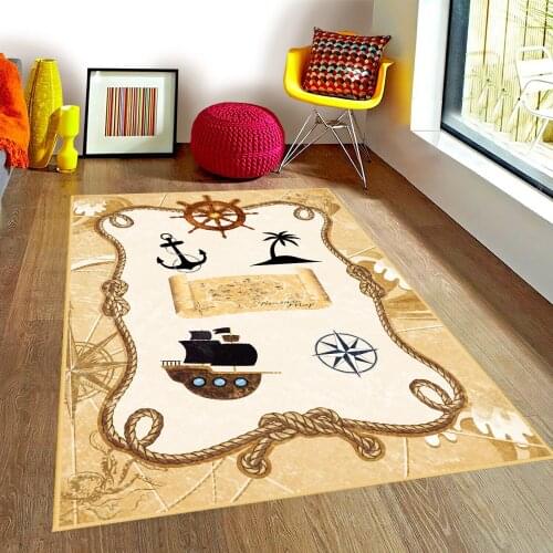 Krem Rengi Çocuk Odası Halısı gemi ada kum deniz ağaç pusula dümen kanca okyanus renkli halı