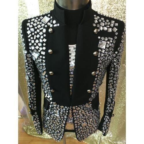 Plus Size Costomized Mens Black Crystal Jacket Ds Dj Male Singer Dancer Performance Outerwear Costume Rhinestone Jacket Outfit