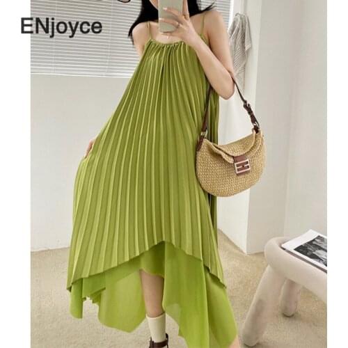 Summer Irregular Hem Pleated Flowy Sling Dress for Women Girls Trendy Sleeveless Casual Loose Beach Party Prom Short Dresses