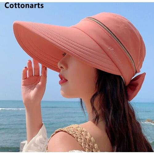 Summer Women Ponytail Empty Top Cap Wide Brim Anti-UV Bowknot Beach Hat Ladies Foldable Zipper Decoration Travel Sunscreen Caps