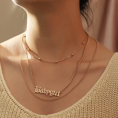 Multilayer Gold Color Beads Chain Choker Necklace for Women Fashion Babygirl Pendant Letter Necklace Lovers Girlfriend Jewelry