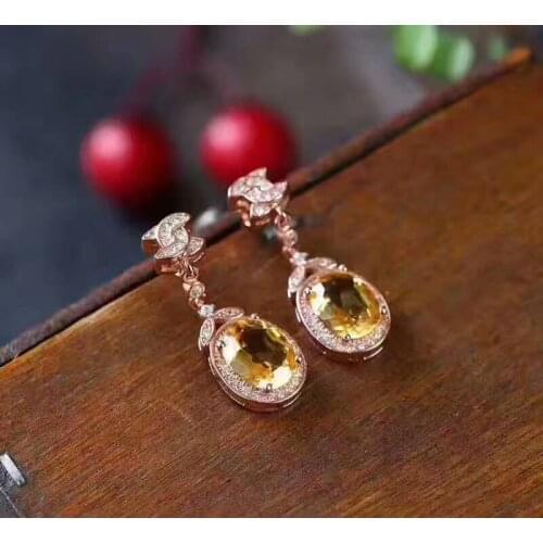 Fashion natural yellow crystal drop earrings Natural citrine earrings bow-knot round 925 silver female wedding earrings jewelry