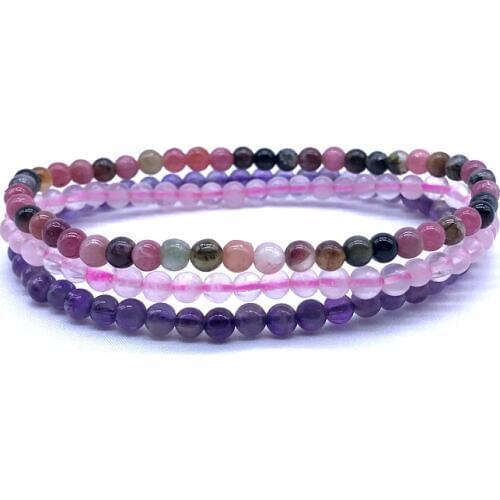 Natural Stone Bead Bracelet Sets 4 mm Round Tourmaline Healing Energy Elastic Bangles Women Girl Jewelry Gifts For Her #17