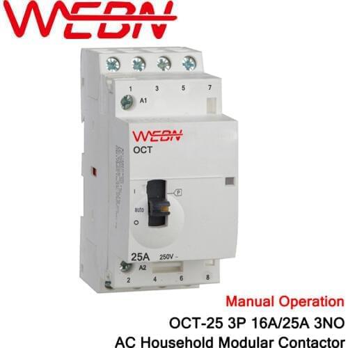 OCT-25 Series 3P 16A/25A AC Household Manual Operation Contactor 400V 50/60Hz Contact Form 3NO Din Rail Modular Contactor