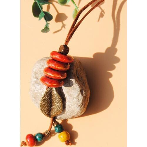 Ceramic Beads Tassel Necklaces For Women Vintage Leaf Leaves Pendants Necklace Men Jewelry Wood Bead Leather Charms Choker Gift
