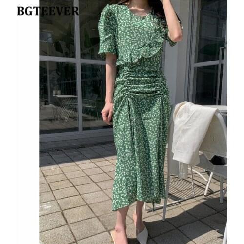 BGTEEVER Chic O-neck Ruffles Women Floral Dress Puff Sleeve Drawstring Ladies A-line Dress 2021 Summer Vestidos Femme