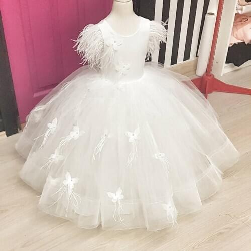 New Ivory White Baby Girl Dress Tulle Handmade Butterflies Ball Gown Flower Girl Dress Kids Clothes Communion Gown