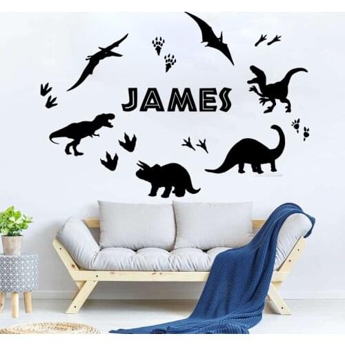 Custom Name T-Rex Dinosaur Animal Wall Sticker Nursery Kids Room Jurassic Park World Dino Personalized Name Footprint Wall Decal