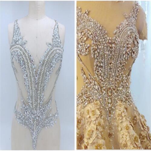 Handmade silver sew on rhinestones applique on mesh crystals trim patches 56*44cm for dress DIY accessories