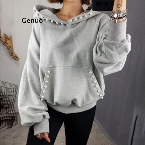 Hooded Hoodies Women Pearl Design Solid Color Casual Loose Long Sleeve Pullover Sweatshirt Female Autumn