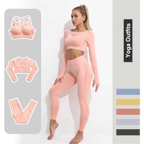 Training Workout Yoga Set Professional Clothes for Women Fitness Seamless Leggings Crop Top Sports Bra Long Sleeve Yoga Outfits