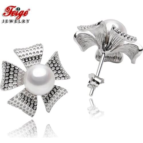 Vintage Flower 925 Sterling Silver 2 Colors Natural Cultured Pearl Stud Earrings for Women Party Gifts Fine Jewelry FEIGE