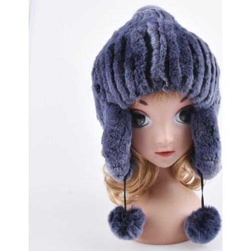Knitted Rex Rabbit Fur child Bomber Hats Women Winter Fashion Fur Caps with Ear Protector Real Fur Hats