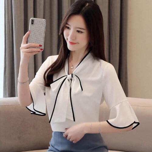 Women Spring Summer Style Chiffon Blouses Shirts Lady Casual Short Flare Sleeve Bow Tie Collar Blusas Tops ZZ0629