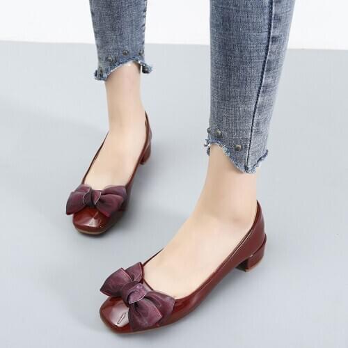 2020 Spring Slip On Office Lady Work Shoes New Patent Leather Casual Low Heels Pumps Woman Luxury Brand Bow Designer Women Pumps