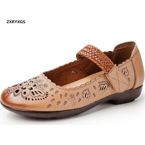 2020 new hollow cowhide spring and summer shoes woman flat shoes soft comfort genuine leather shoes fashion elegant mother shoes