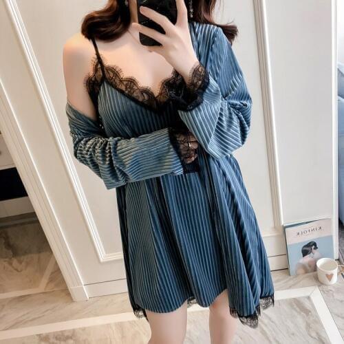 Women Pajamas Set Gold Velvet Robe Gown Set Autumn Sexy Lace Sling 2 Pieces Women Corduroy Sleepwear Pajamas Bathrobe