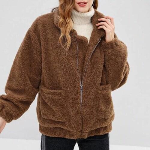 AECU Women Long Sleeved Zipper Plush coat Female Pocket Coat Winter Clothes Oversized Jacket Outwear Coat for Women