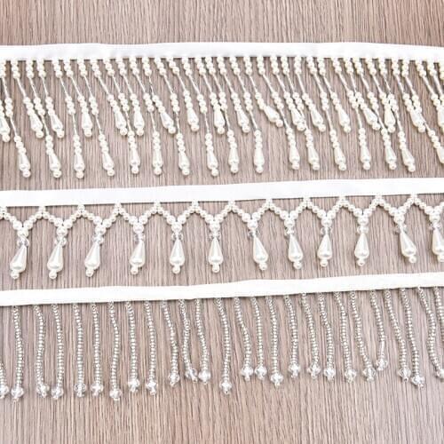1 Yard White Pearl Clear Stone Tassel Lace Ribbon Chain Black Beads Net Mesh Fringe Trimming for Wedding Dress