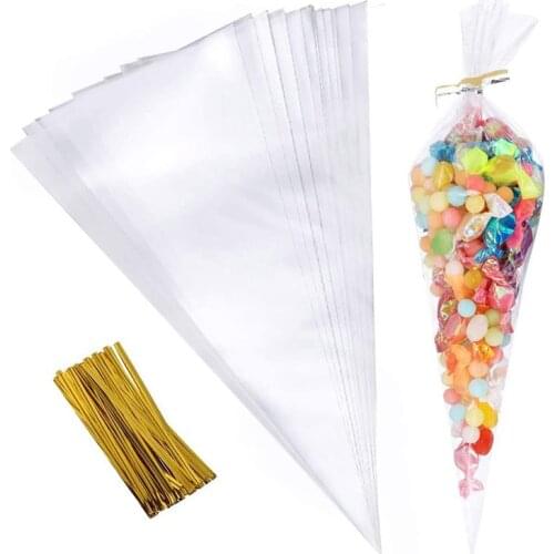 50Pcs Cones Transparent Candy Packing Bags Popcorn Triangle Goody Bags Kids Birthday Party Decoration Easter Party Decoration