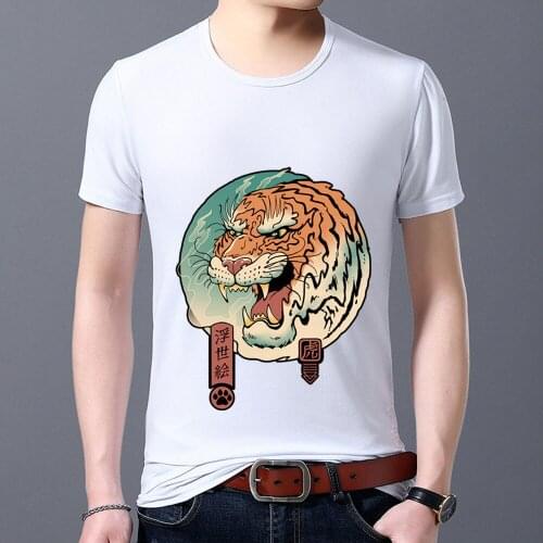 Mens T-shirt Anime Fierce Tiger Print Youth Casual Slim Shirt Commuter O-Neck Short Sleeve Soft Top Breathable Mens Clothing