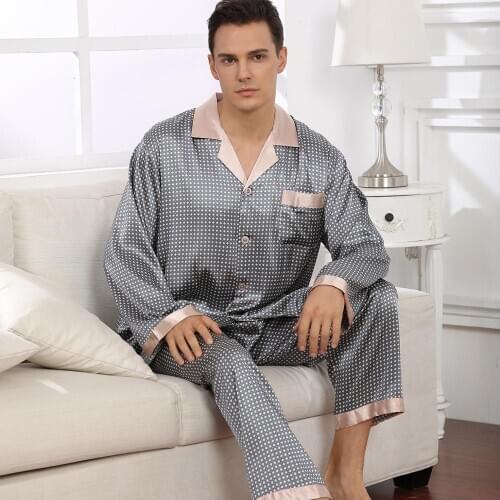 FZSLCYIYI Spring Printed Mens Satin Silk Long Sleeve Pants Pajama Set Silk Sleepwear Men Sexy Modern Style Soft Cozy Nightgown