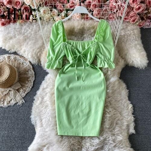 HangCode Summer Dress 2021 Retro Square Collar Folds Bow Bandage Short Women Dress Elegant Slim High Waist Party Ladies Dresses