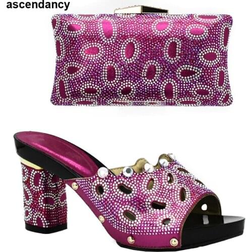 Fuchsia Color Italian Shoe and Bag Set Decorated with Rhinestone African Women Italian Shoes and Bag Set Party Shoes and Bag Set