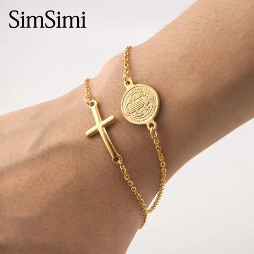Stainless Steel Saint Benedict Medal Cross Charm Gold/Silver Color Religious Bracelet Catholic Medals Bracelet Pulsera Catolica