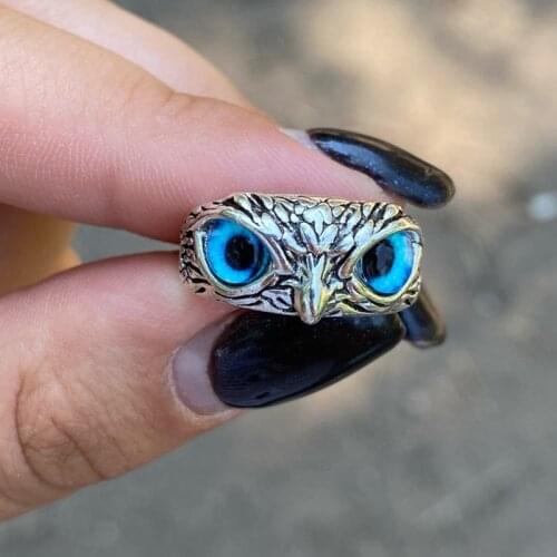 Blue Eyes Owl Ring for Lovers Women Men Retro Animal Open Adjustable Rings Gothic Couple Ring Statement Jewelry Best Friend Gift
