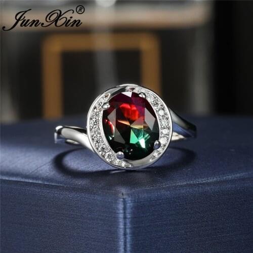 Boho Rainbow Fire Crystal Oval Stone Ring Wedding Bands Red Green Zircon Wave Ring White Gold Promise Engagement Rings For Women