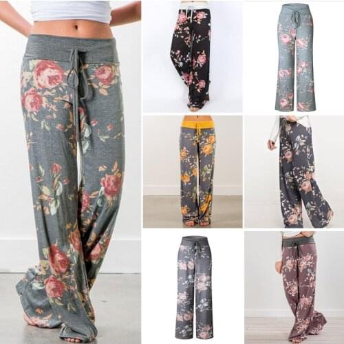 Womens Home Loose Pants Floral Print Drawstring Casual Wide Leg Pants Yoga Tracksuit Long Pants Sweatpants Summer Plus Size