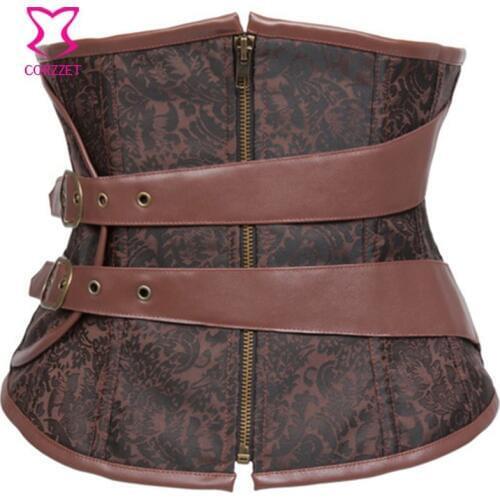Brown Sexy Espartilhos Corset Corselet Underbust Waist slimming Corsets Zipper Lace Up Steel Boned Waist Cincher Gothic Clothing