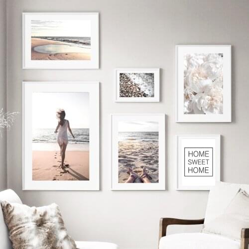 Sea Beach Waves Girl Peony Pebbles Sky Wall Art Canvas Painting Nordic Posters And Prints Wall Pictures For Living Room Decor