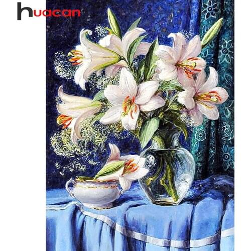 Huacan Diamond Painting Kit Lily Flower Square/round Diamond Embroidery Floral Vase Mosaic Cross Stitch Room Decor