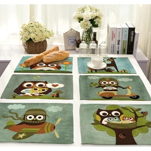 Non-slip insulation Placemat coaster for table dinner Cartoon Cute owl Table Mats cotton linen Pads Home Decor 42*32cm 0020