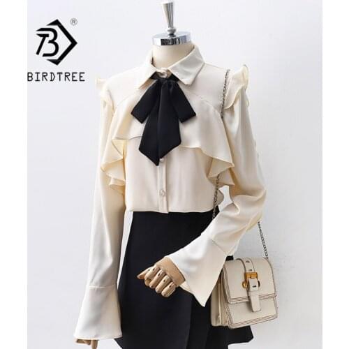 Autumn Women Shirt Vintage Flare Sleeve Chiffon Blouse Ruffles Turn-Down Collar Elegant Office Wear Fall Spring Bow Tie Tops T17