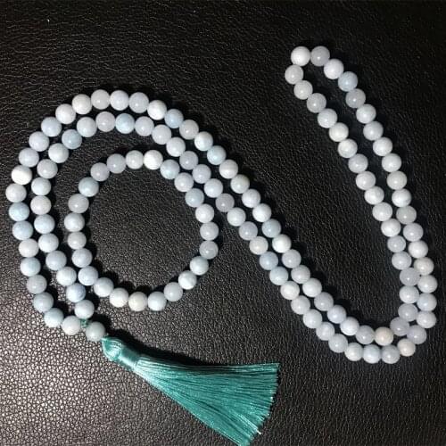 8mm Aquamarine Beaded Necklace 108 Japamala Meditation Yoga Jewelry Sets Marriage Harmony Stone for Men and Women