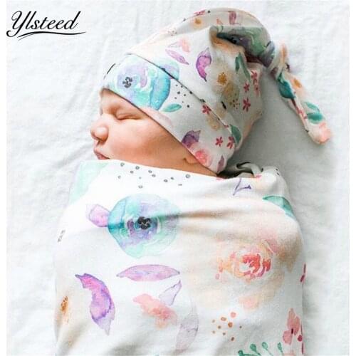 Ylsteed Newborn Swaddle Wrap with Matching Top Knot Hat Baby Sleeping Bags Floral Print Cocoon Swaddle Sack Newborn Photo Props
