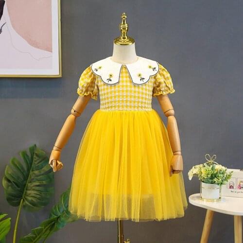 Girls Dress Summer Grenadine Plaid Short Sleeve Skirt Childrens Yarn Skirt Girl Fashion Princess Skirt Kids Clothes