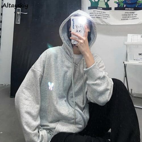 With Hat Hoodies Basic Japan Chic Reflective Design Teens Sweatshirt Couples Oversized Zip-up Popular All-match Ladies Outerwear