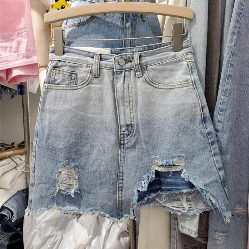 Pink Denim Skirt for Women 2021 Summer New Design High Waist Slim Fit Contrast-Color Ripped Frayed Irregular Short Skirts Lady