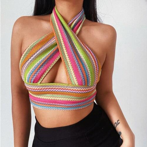 5 Colors Women Summer Crop Tops Match Color Stripes Cross Halter Neck Sleeveless Backless Tank Tops for Girls
