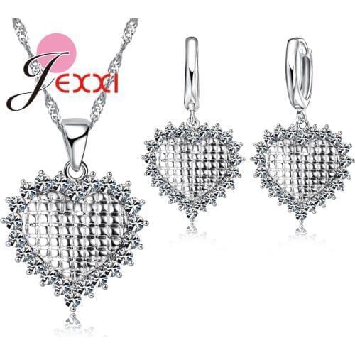 Women Romantic Luxury Wedding Bridal Jewelry Sets 925 Sterling Silver AAA Cubic Zircon Loving Heart Necklace Earrings Set