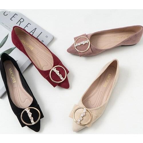 Pointed Toe flock flats woman sneaker shoes women loafers ballerina crystal metal round buckle moccasins femme big size 34-43
