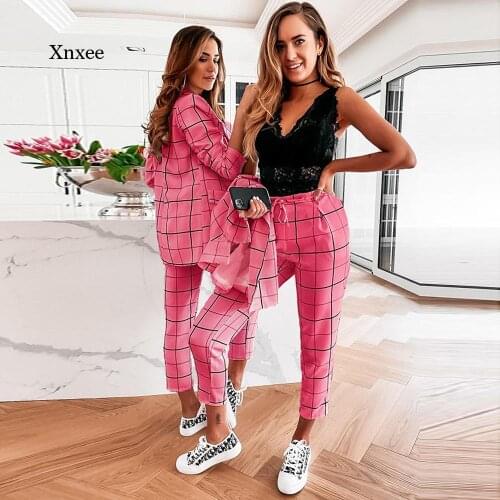 Plaid Print Two Piece Suit Women Fasion Autumn Winter Casual Double Breasted Lapel Jacket Trousers Suit Women Clothes Streetwear