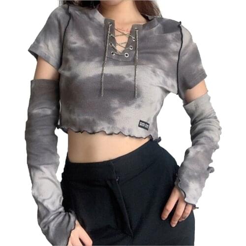 Sexy Hollow Out Tie-dye Letter Print Short Top Women Fashion Long Sleeve V Neck Bandage Slim Fit Club Casual Crop Tops T-Shirts