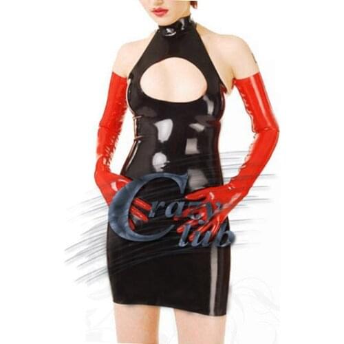 Crazy club_Sexy Women Black Hollow Latex mini dress Fetish with holes latex breasts Customized Dress Fetish Fast Delivery Sale