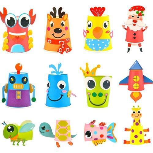 12Pcs Children 3D Diy Handmade Paper Cups Sticker Material Kit Whole Set Kids Kindergarten School Art Craft Educational Toys