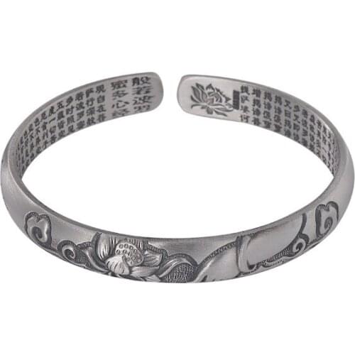 999 pure silver retro distressed matte Xiangyun Buddhas-hand Lotus Heart Sutra Lady open-end bangle bracelet
